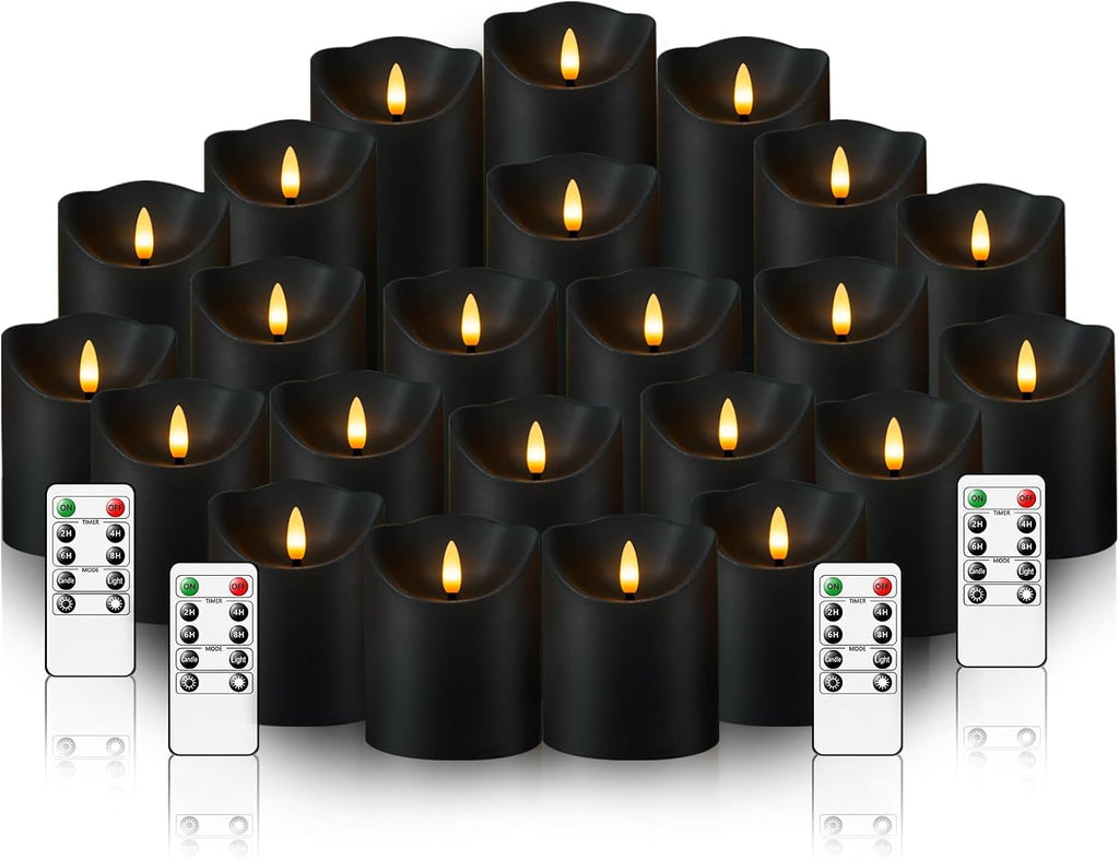 kakoya Flameless LED Candles Battery Operated with Remote and Timer,Flickering Electric Fake Plastic Pillar Candles Set of 24(D3 x H 3" 4" 5") Black