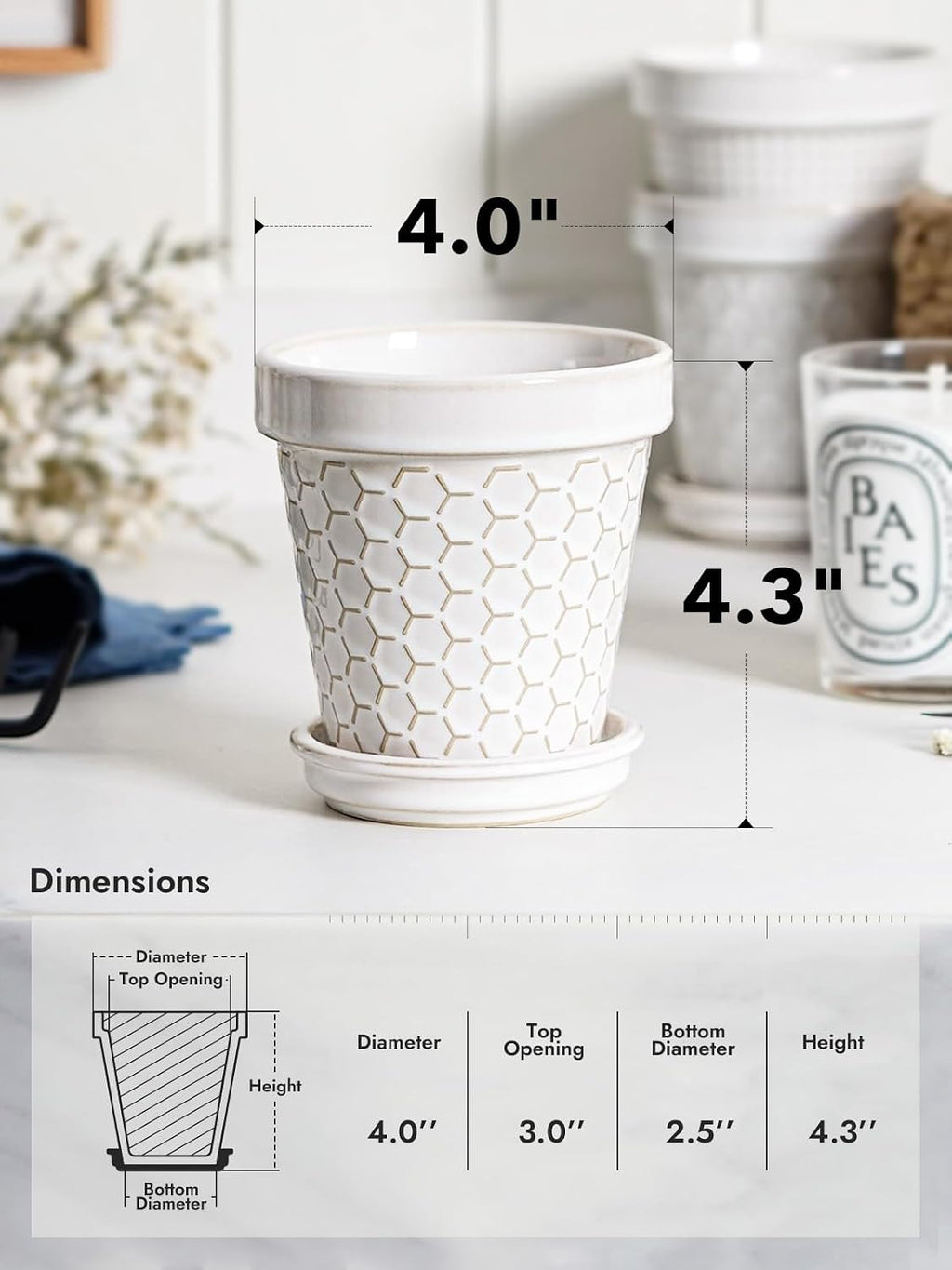LE TAUCI Ceramic Succulent Pots, 4 Inch Small Plant Pot for Indoor Plant Cactus, Embossed Flower Pots with Drainage
