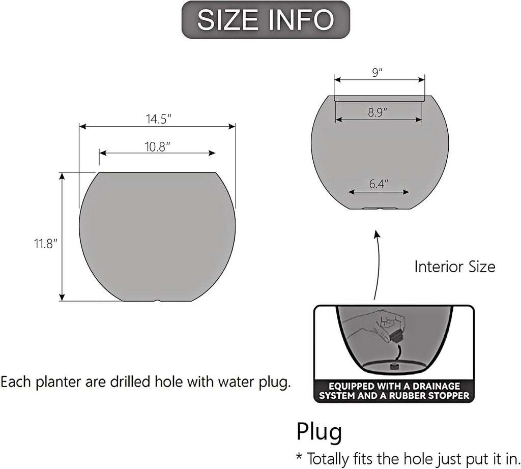 11.8" H x 14.5" Dia Large Round Plastic Planter Pot with Drainage & Plug | Indoor/Outdoor Use, UV/Weatherproof