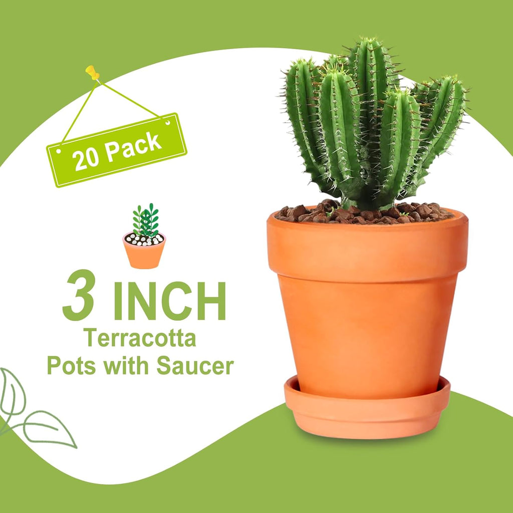 3 Inch Terracotta Pots with Saucer-20 Pack Succulent Cactus Plant Pots with Drainage Hole, Great for Plants Garden