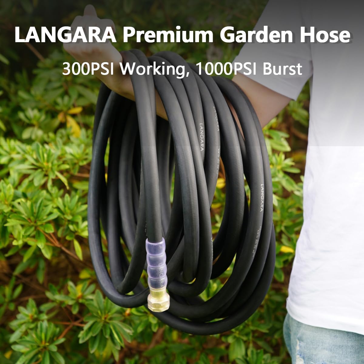 Heavy Duty Premium Garden Hose 50ft x 5/8", 300PSI Working, 1000PSI Burst, Hybrid Rubber Water Hose with Transparent