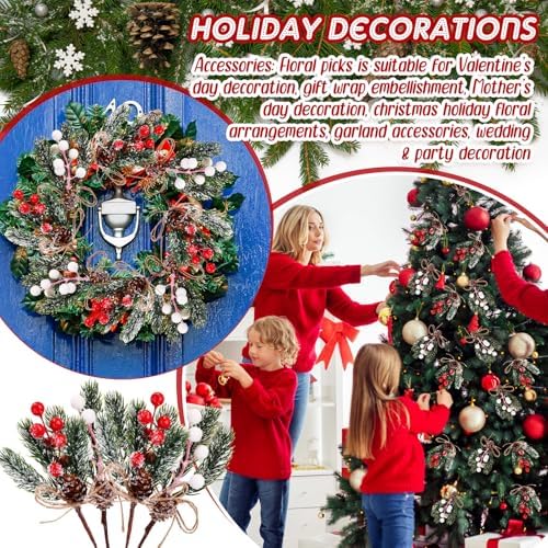 Sanwuta 20 Pcs Christmas Berry Pick with Pinecone, Frosted Red, White