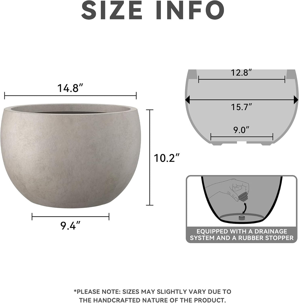 Kante Accent Round Bowl Weathered Concrete Planter 14.8" Dia, Outdoor | Rubber Plug for Indoor, Drainage for Garden