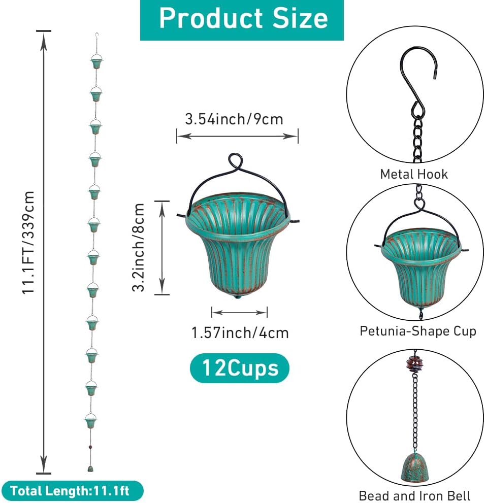 11ft Rain Chains with 12-Cup for Gutters,Eaves, Drainage | Metal Rain Catcher Chain, Replacement Downspout, Adjustable