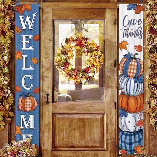 Deroro Welcome Fall Thanksgiving Pumpkin Porch Banner Sign, Blue Autumn