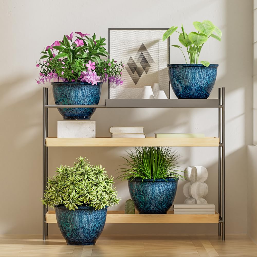 Vanslogreen 8 Inch Glazed Plastic Plant Pots, Set of 4 Planters with Drainage Holes - Indoor/Outdoor Flower Pots for