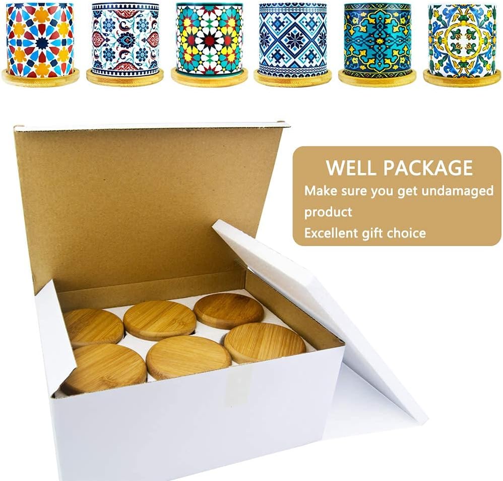 6 Pack Mandala Succulent Plant Pot with Bamboo Trays, Ceramic Multicolored Succulent Container Planter Pot for Small