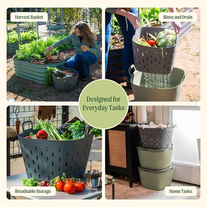 Vego FlexTrug Tub for Indoor, Outdoor Gardening Strainer Basket for Harvest, Rinse and Garden Use- 8 Gallon, Fog Gray