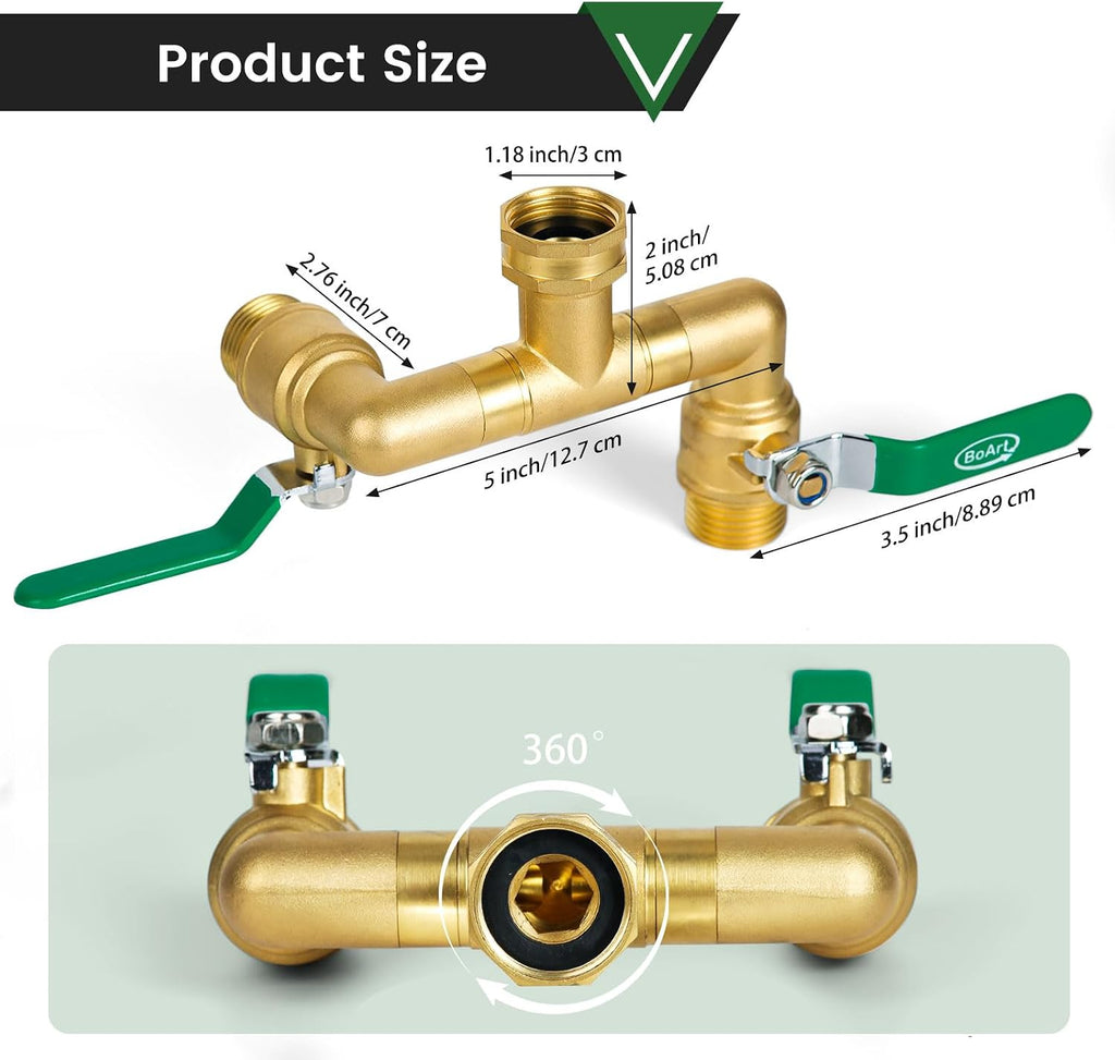 2 Way Heavy Duty Brass Garden Hose Splitter, 360° Rotatable Y Valve, Full Flow Large Ball Valve, Long Handle, Thickened
