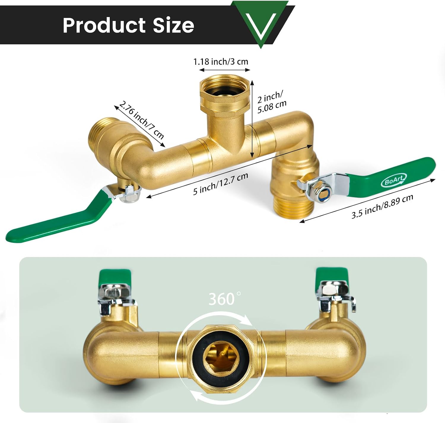 2 Way Heavy Duty Brass Garden Hose Splitter, 360° Rotatable Y Valve, Full Flow Large Ball Valve, Long Handle, Thickened