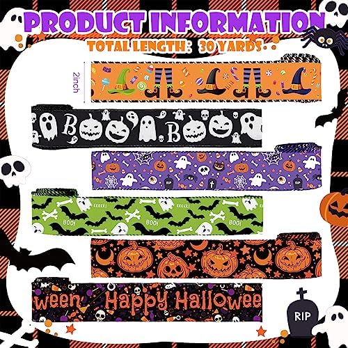 6 Rolls 30 Yards Halloween Wired Edge Ribbon Ghost Pumpkin Ribbon