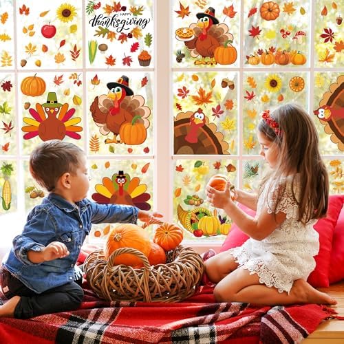 9 Sheets Thanksgiving Window Clings, 116PCS Thanksgiving Decorations Window Stickers, Turkey Decal Stickers with Cute Cones Nuts Maple Leaves Patterns for Fall Harvest Decorations Decor Accessories