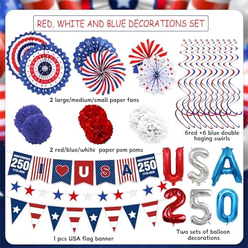 33 PCS USA 250th Anniversary Decorations Set 4th of July & Fourth of July Decor Red White Blue Paper Fans Pom Poms Balloons Banners Indoor & Outdoor American Patriotic Party Supplies