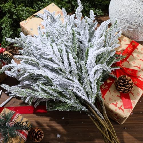 Wavwavw 12 Pcs Christmas Snowy Norfolk Pine Branches 18 Inch
