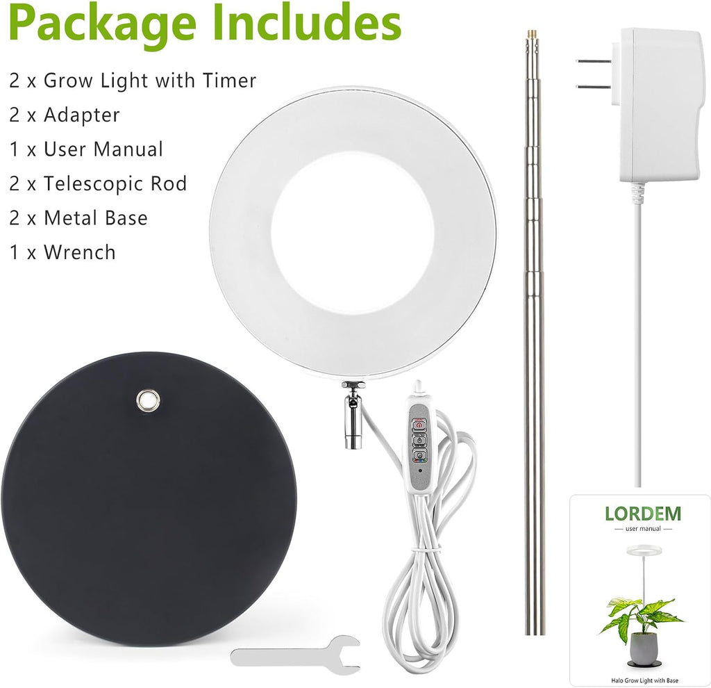 LORDEM Desk Grow Light, Full Spectrum LED for Indoor Plants | Auto On/Off Timer 4/8/12H, 4 Dimmable Levels, Height