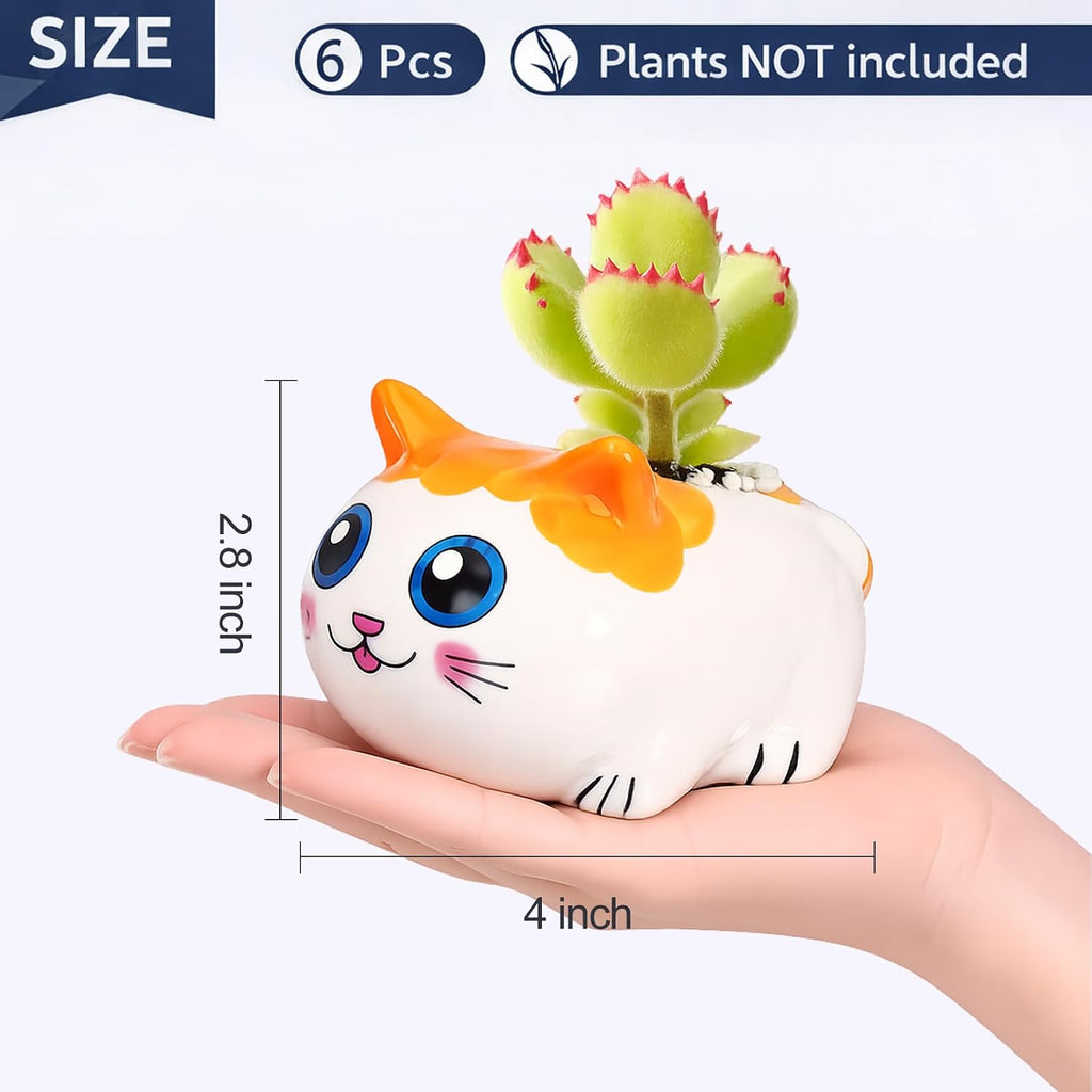 Cat Succulent Pots Set of 6 - Small Ceramic Animal Planters with Drainage | Cute Mini Flower Pots for Air Plants &