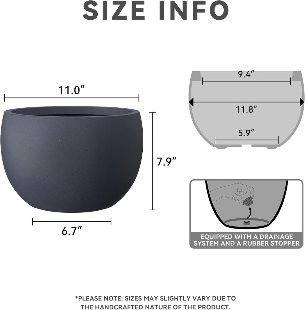 Kante Small Round Bowl Charcoal Concrete Planter 11.8" Dia, Outdoor | Rubber Plug for Indoor, Drainage for Garden