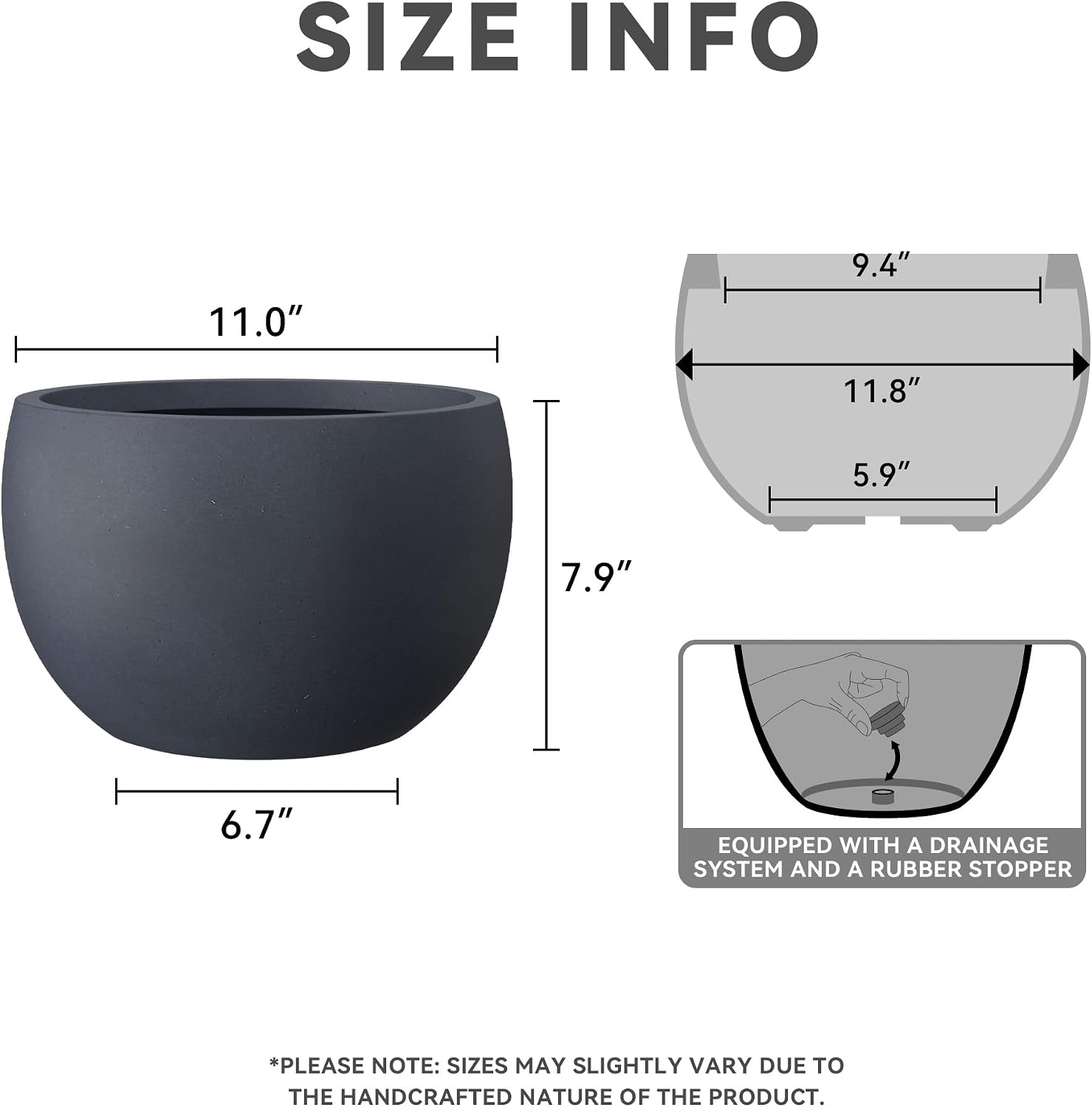 Kante Small Round Bowl Charcoal Concrete Planter 11.8" Dia, Outdoor | Rubber Plug for Indoor, Drainage for Garden