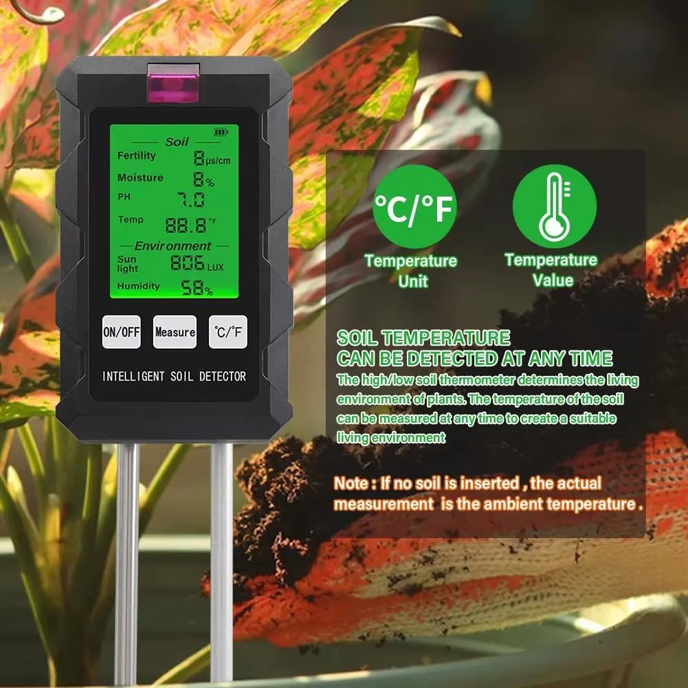 GROW24 Digital Soil Tester, 6-in-1 Moisture Meter with pH, Temperature, Sunlight Intensity for Garden Plants