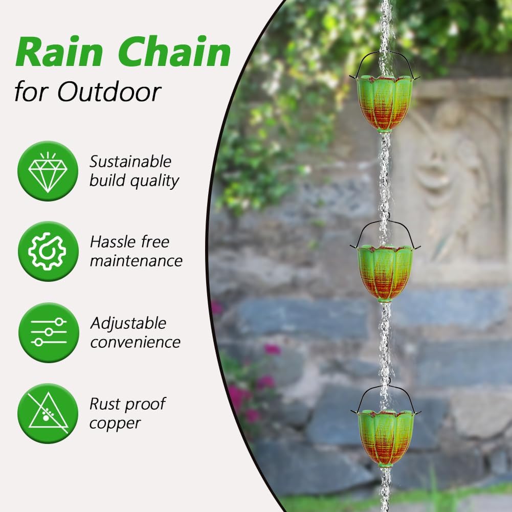 Rain Chains for Outside, 10FT Rain Water Chain with 12 Lily Cups | Adjustable Rain Gutter Chain with Bell for Eaves