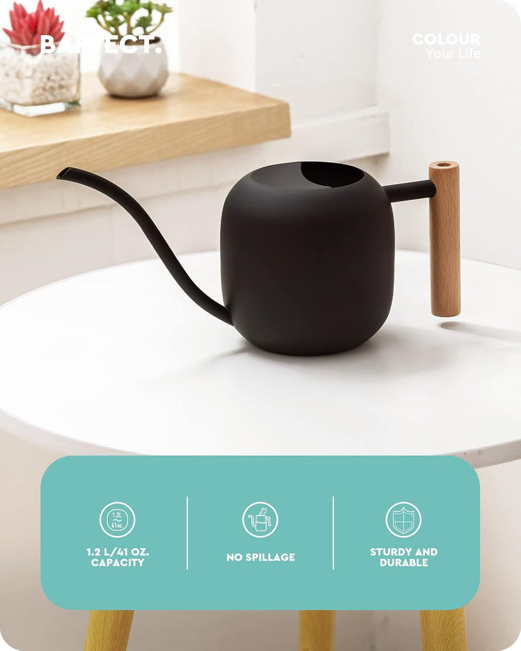 Baffect Watering Can Indoor Plants with Long Spout, 1.2L / 41oz (Black) | Small Metal Watering Pot For Houseplant
