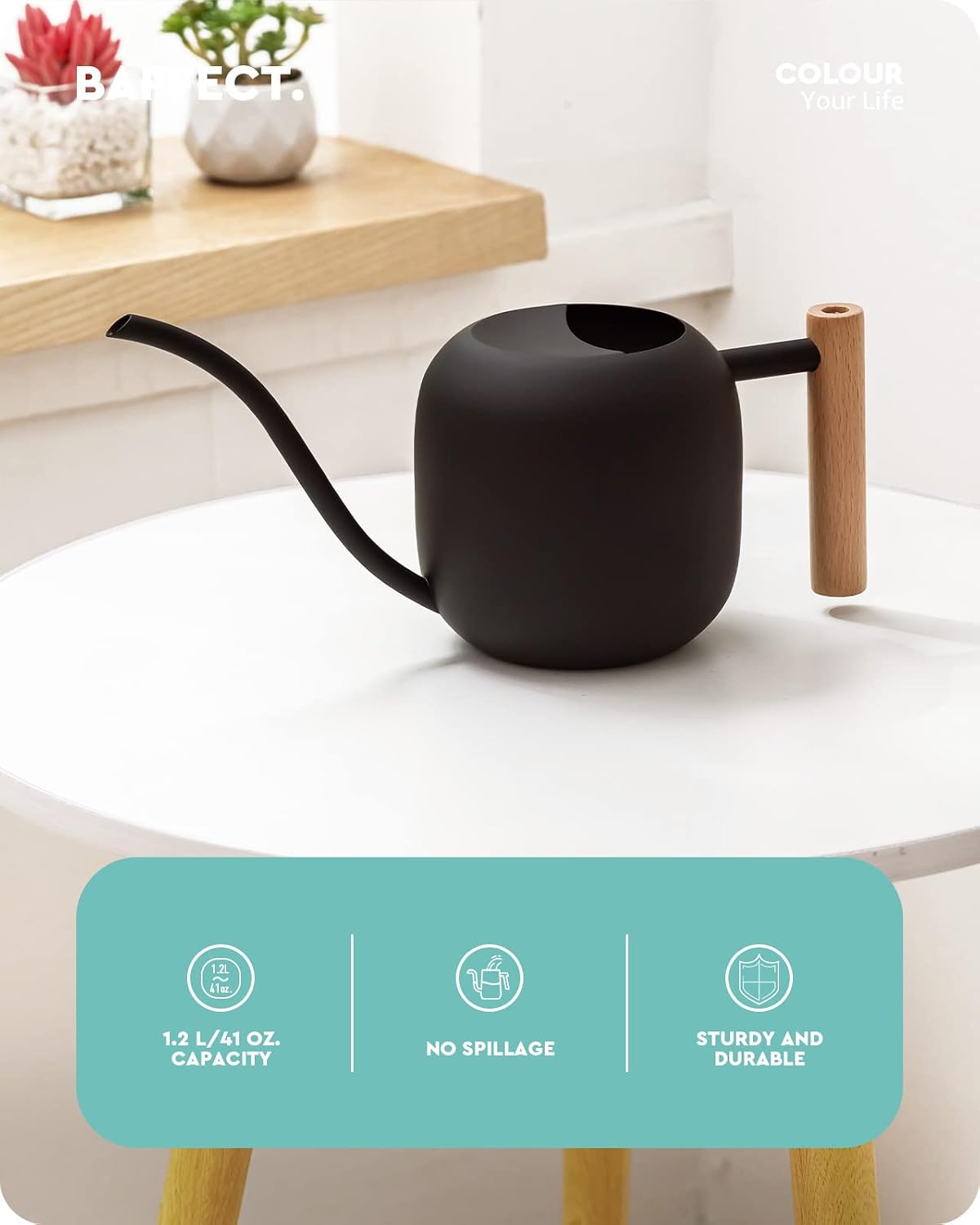 Baffect Watering Can Indoor Plants with Long Spout, 1.2L / 41oz (Black) | Small Metal Watering Pot For Houseplant