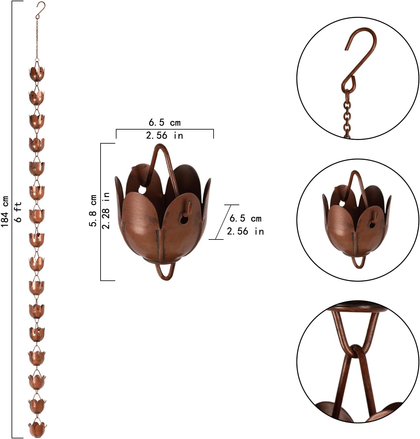 6ft Rain Chain for Gutters Durable Antique Copper Rain Chains for Outside with 17 Large Lotus Cups Decorative Rain