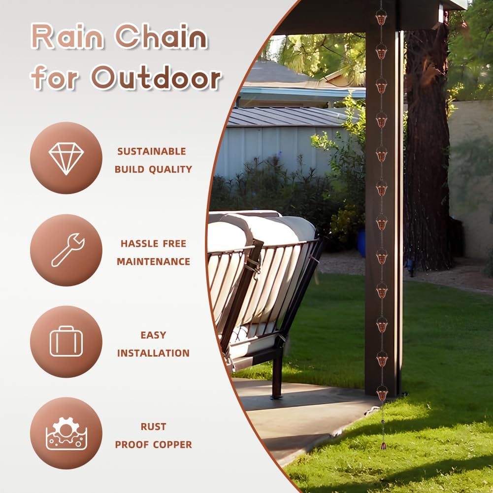 dreamysoul Copper Rain Chains for Outside, 10.43FT with 12 Cups Rain Catcher Chains for Downspout Gutters, Eaves