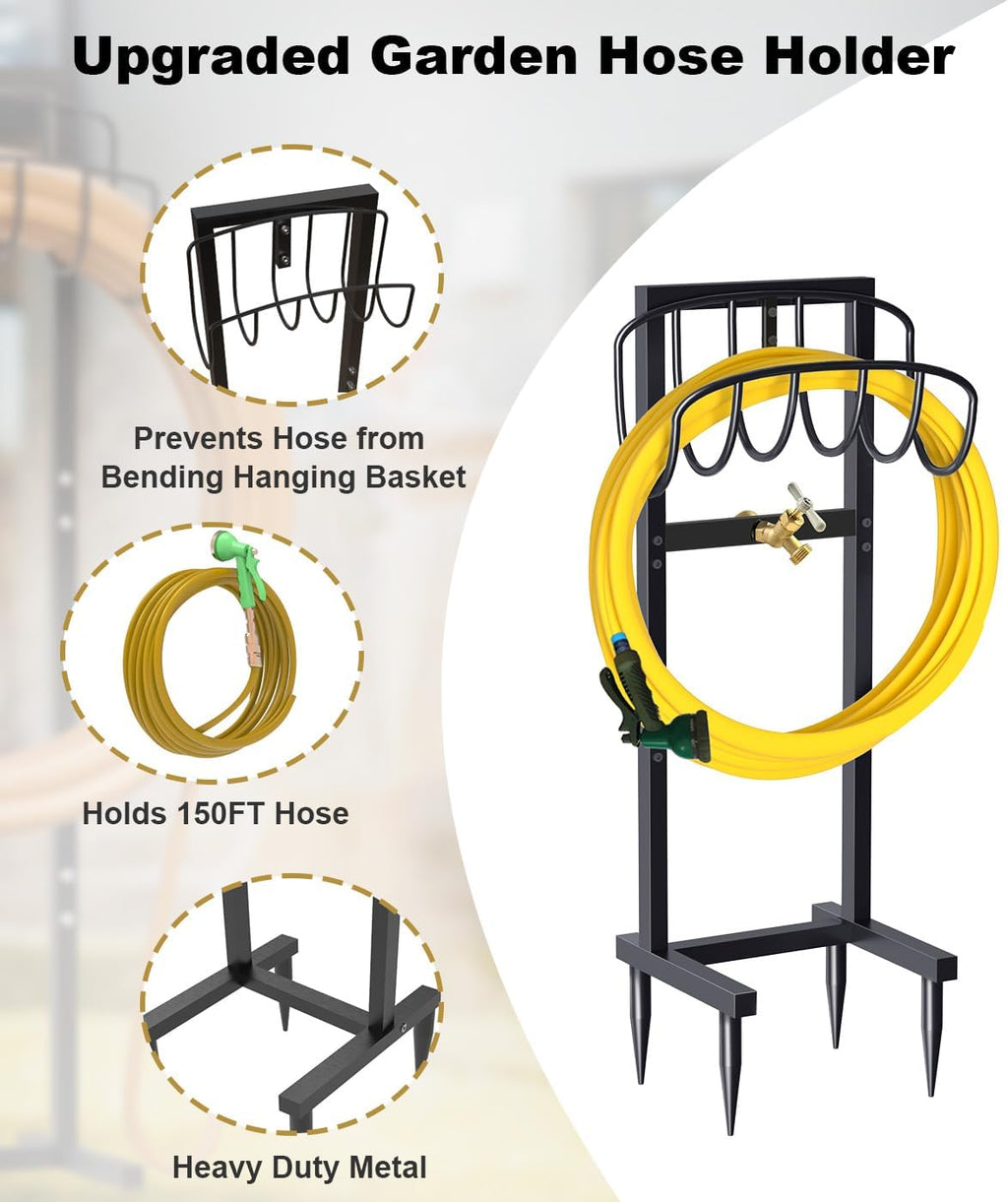 Outdoor Garden Hose Holder Freestanding with Brass Faucet And 4 Spikes, Heavy Duty Metal Water Hose Reel Stand Hanger