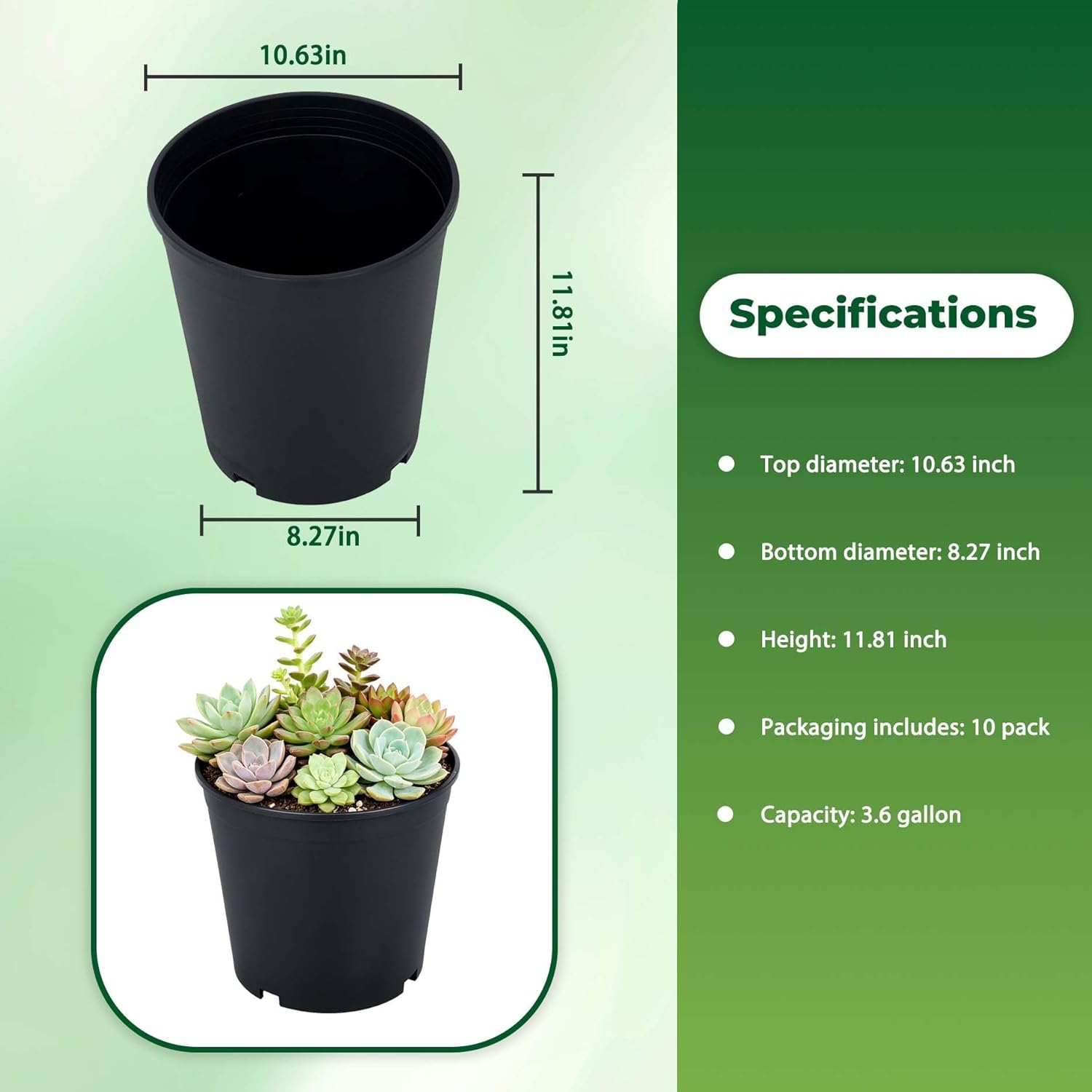 10 Pack 5 Gallon 11inch Black Nursery Pot Planter Grower Flower Pot Garden Seedling Planters Containers, Plastic