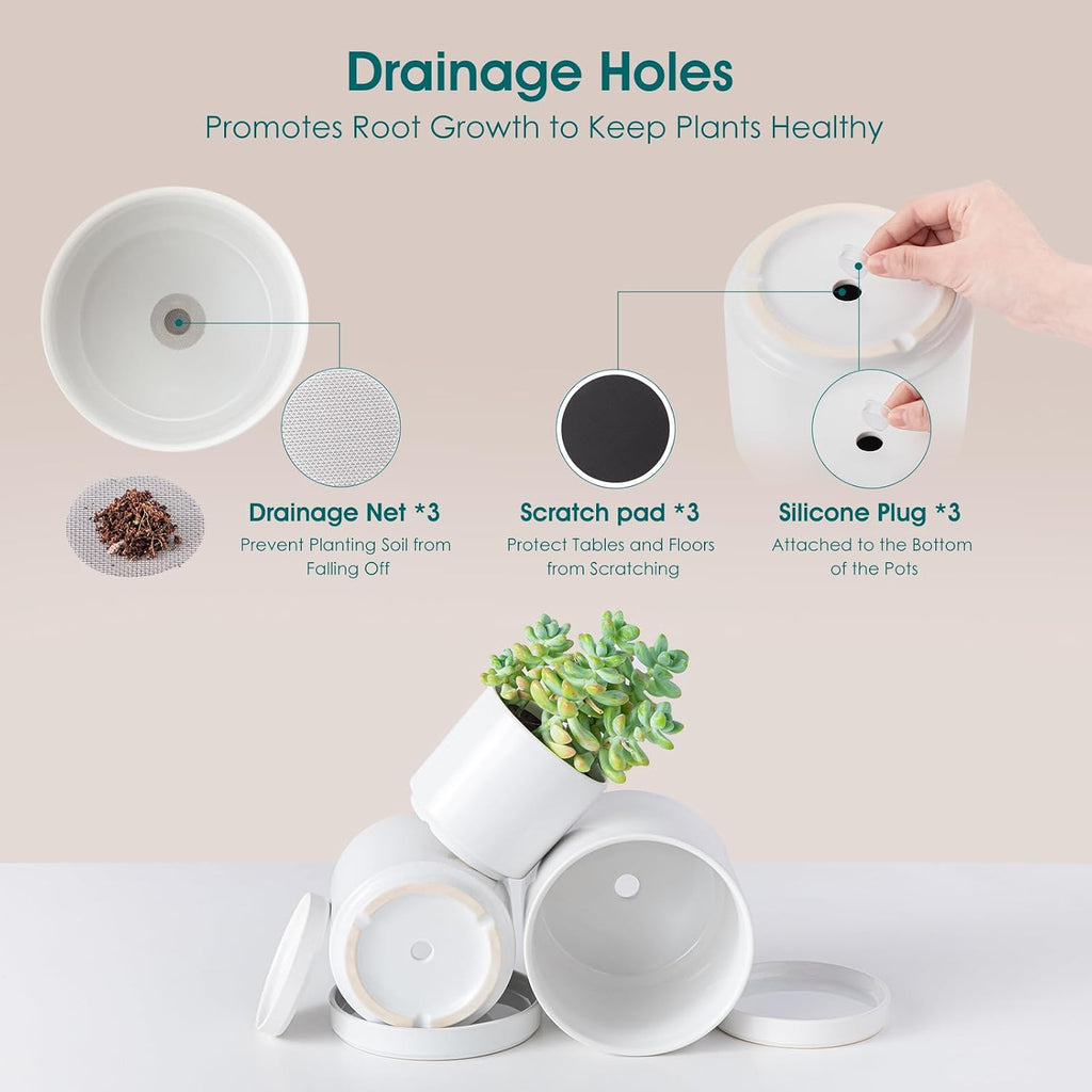 vancasso Ceramic Plant Pots, 3 Piece Planters for Indoor Plants, White | 4.25+5.25+6.25 Inch Flower Pots with Drainage