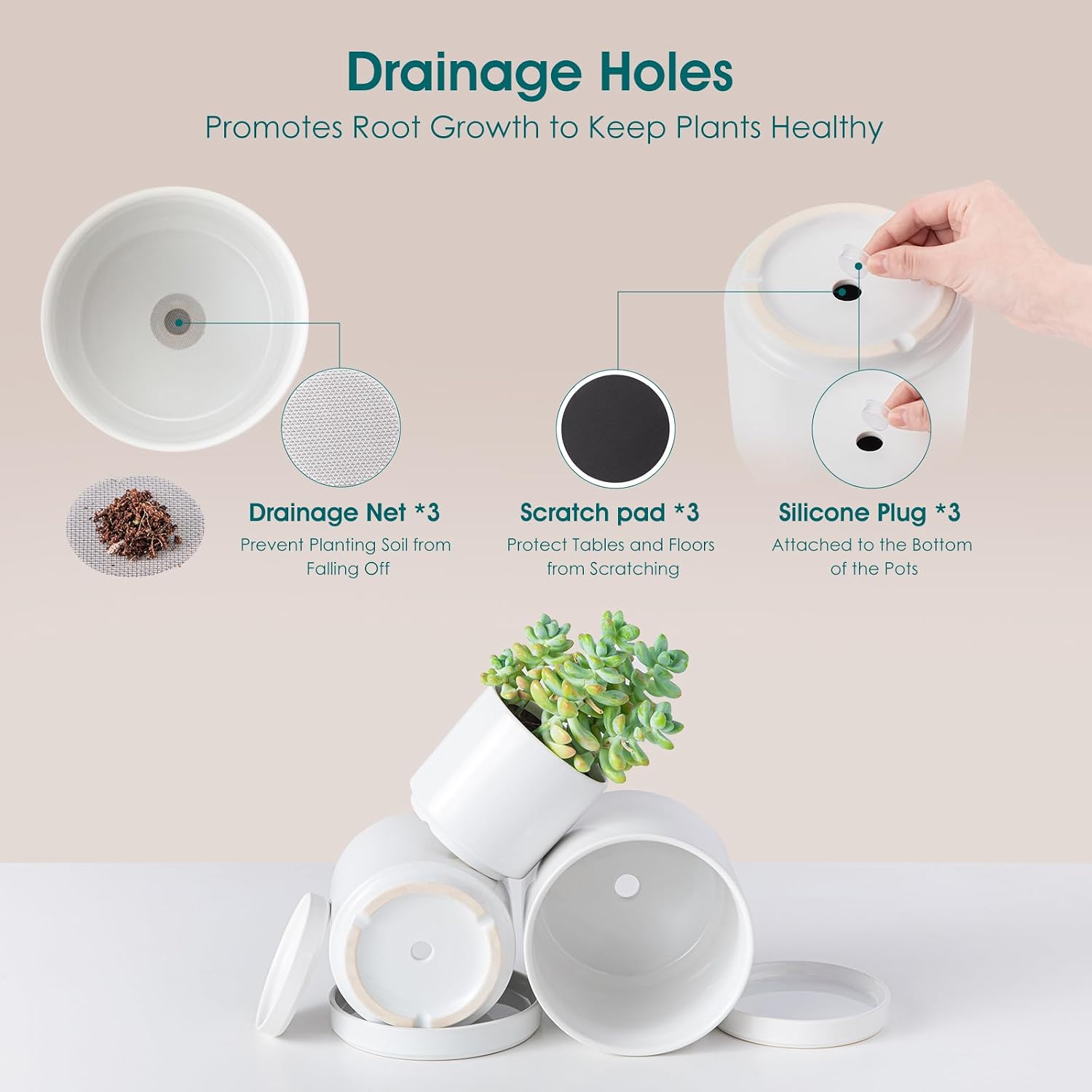 vancasso Ceramic Plant Pots, 3 Piece Planters for Indoor Plants, White | 4.25+5.25+6.25 Inch Flower Pots with Drainage