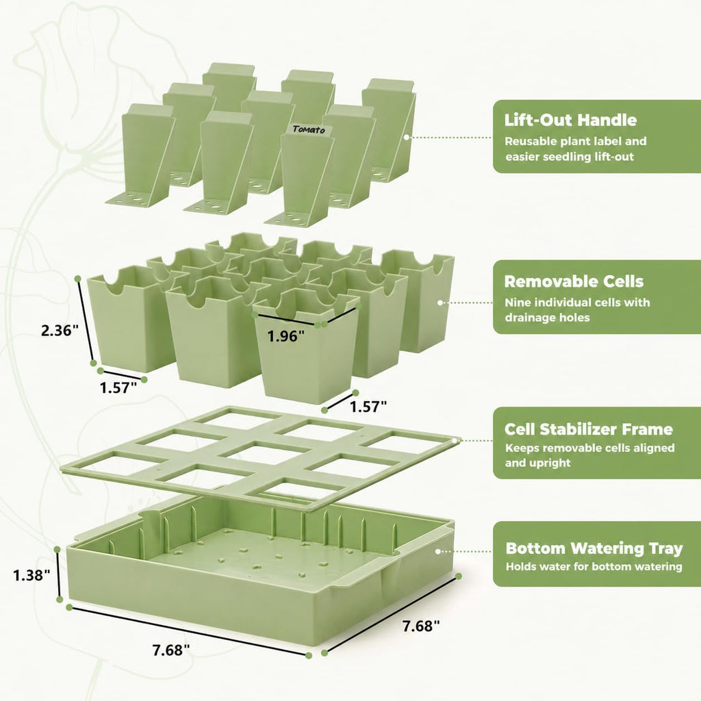 Seed Starter Tray with Lift-Out Handles for Easy Transplanting | 9 removable cells support individual care; reusable