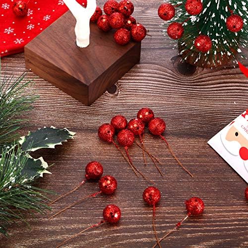 BBTO Artificial Holly Berries, 100 Pieces Mini 10 mm Fake Berries Decor on Wire for Christmas Tree Decorations Flower Wreath DIY Craft Use (Sequined Red)