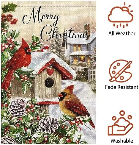 Merry Christmas Garden Flag Cardinal Red Bird House Welcome Winter Flags 12x18 Inch Double Sided Burlap Snow Banner for Winter Holiday Xmas Yard Outdoor Decoration(ONLY FLAG)