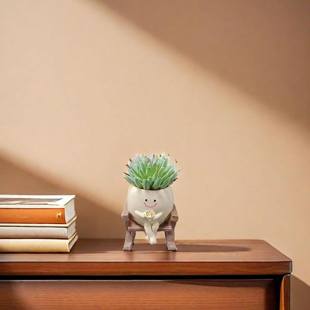Funny Succulent Pots Rocking Chair Plant Pot With Coffee In Hand,Smily Face Planter Pot Cute Resin Flower Head Planters