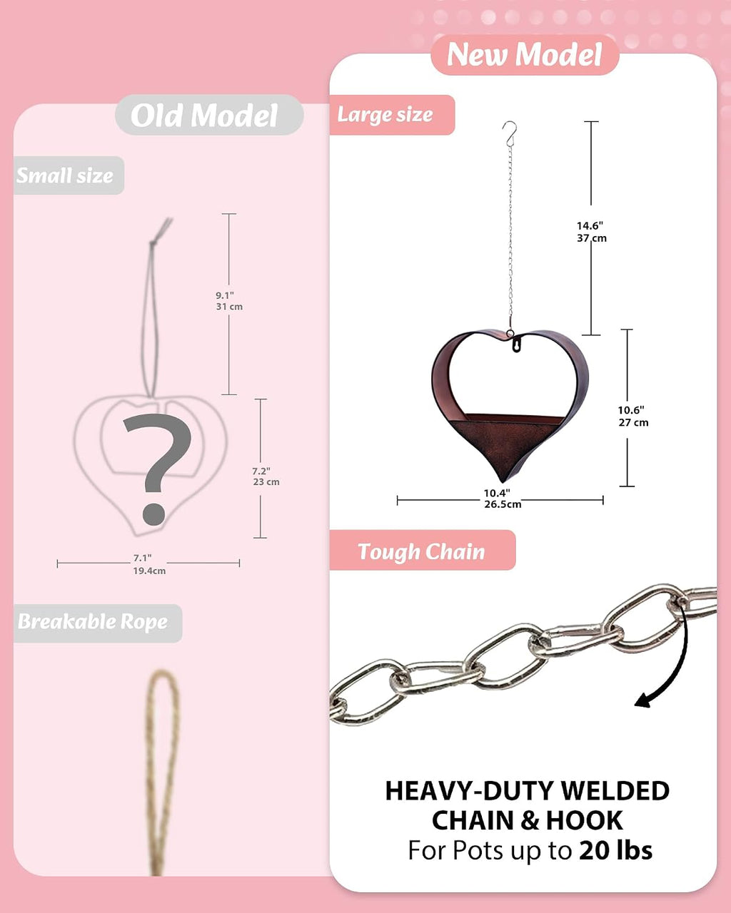 Metal Plant Hangers Indoor and Outdoor: Pots with Drainage Hole | Heart Shape Hanging Planters for Window Wall Living