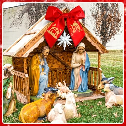 Christmas Wreath Sash Front Door Red Gold Nativity Satin Bow