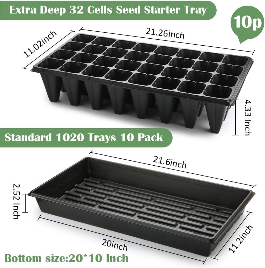 RooTrimmer 10 Pack 1020 Trays No Holes and 10 Pack 4.3" Deep 32 Cell Seed Starter Trays, 20" x 10" - Heavy Duty Plastic