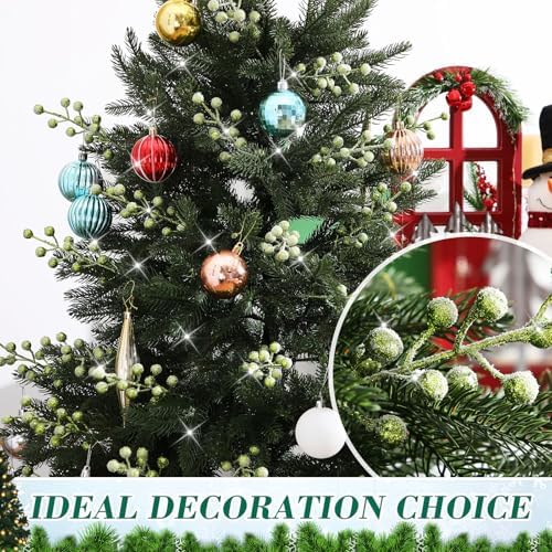 Geosar 30 Pieces Artificial Christmas Berry Picks with Snowflake Glitter Holly Berry Stems for Christmas Tree Ornaments Vases DIY Crafts Wedding Party Holiday Decor(Glitter Green)