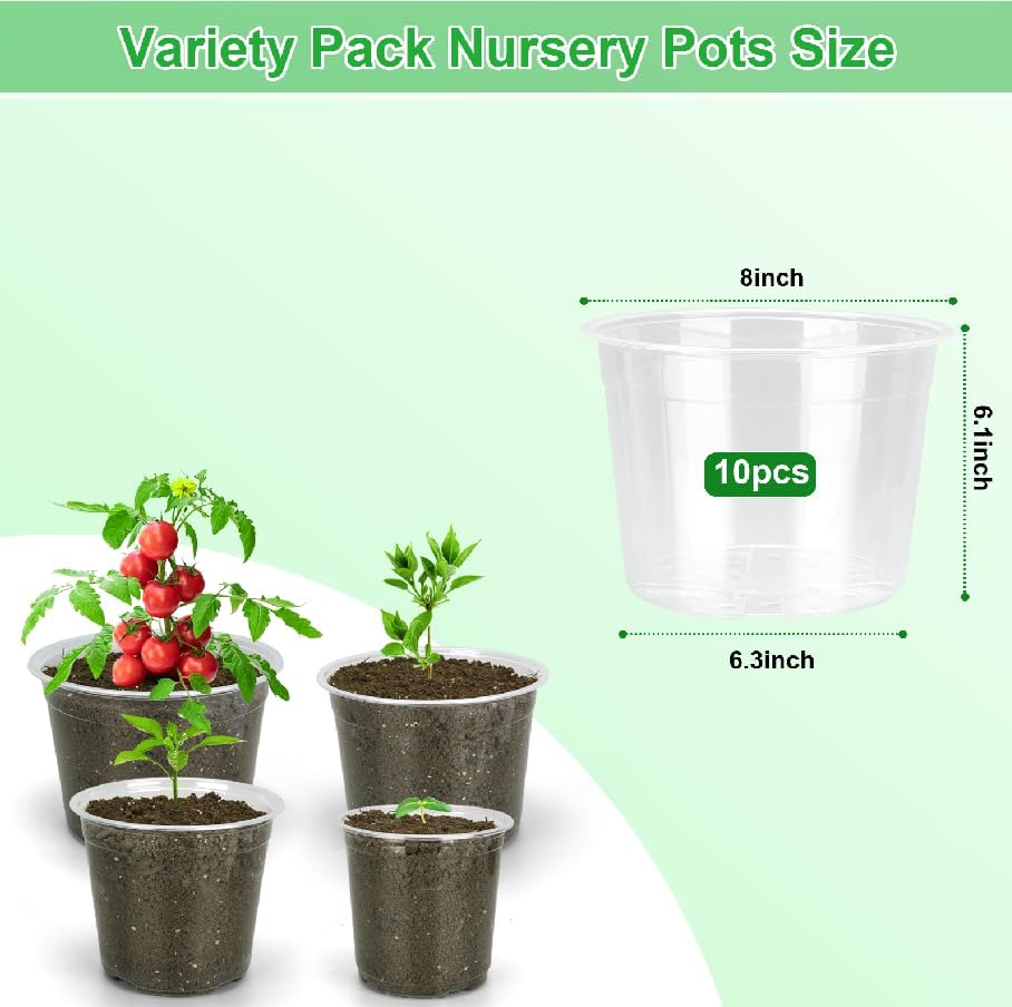 8 Inch Clear Nursery Pots with Drainage Holes, 10 Pack Large Plastic Pots for Plants, Seedling Starter Pot, Garden Plant Pots for Succulents Flowers Cactus