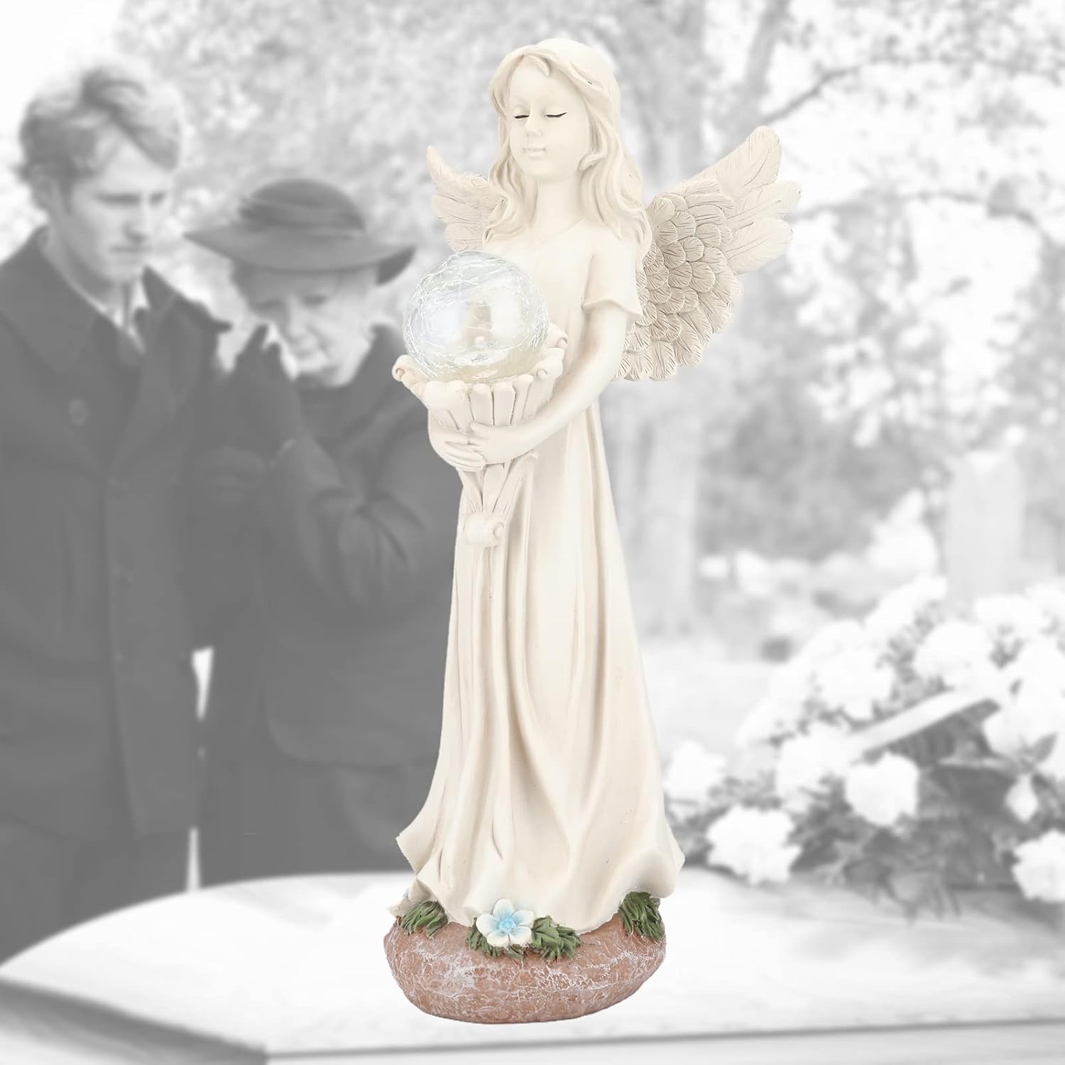 Garden Angels Outdoor Statue, Solar Angel with Crackled Glass Globe | 16.3'' Resin Angel Statue with Warm Led Lights