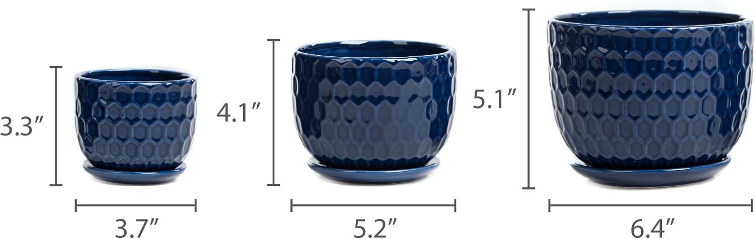 Ceramic Flower Pots with Drainage Hole and Saucer, North European Style Round Indoor Succulent Planters with Honeycomb