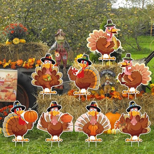 Thanksgiving Plastic Turkey Yard Signs 8pc with Stakes