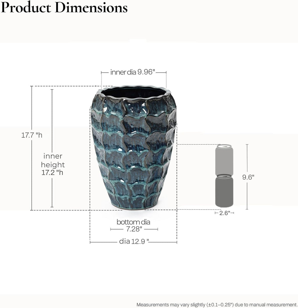LuxenHome 17.7" Blue Ceramic Plant Pot, Tall Planter with Geometric Texture | Large Plant Pot, Flower Pots with
