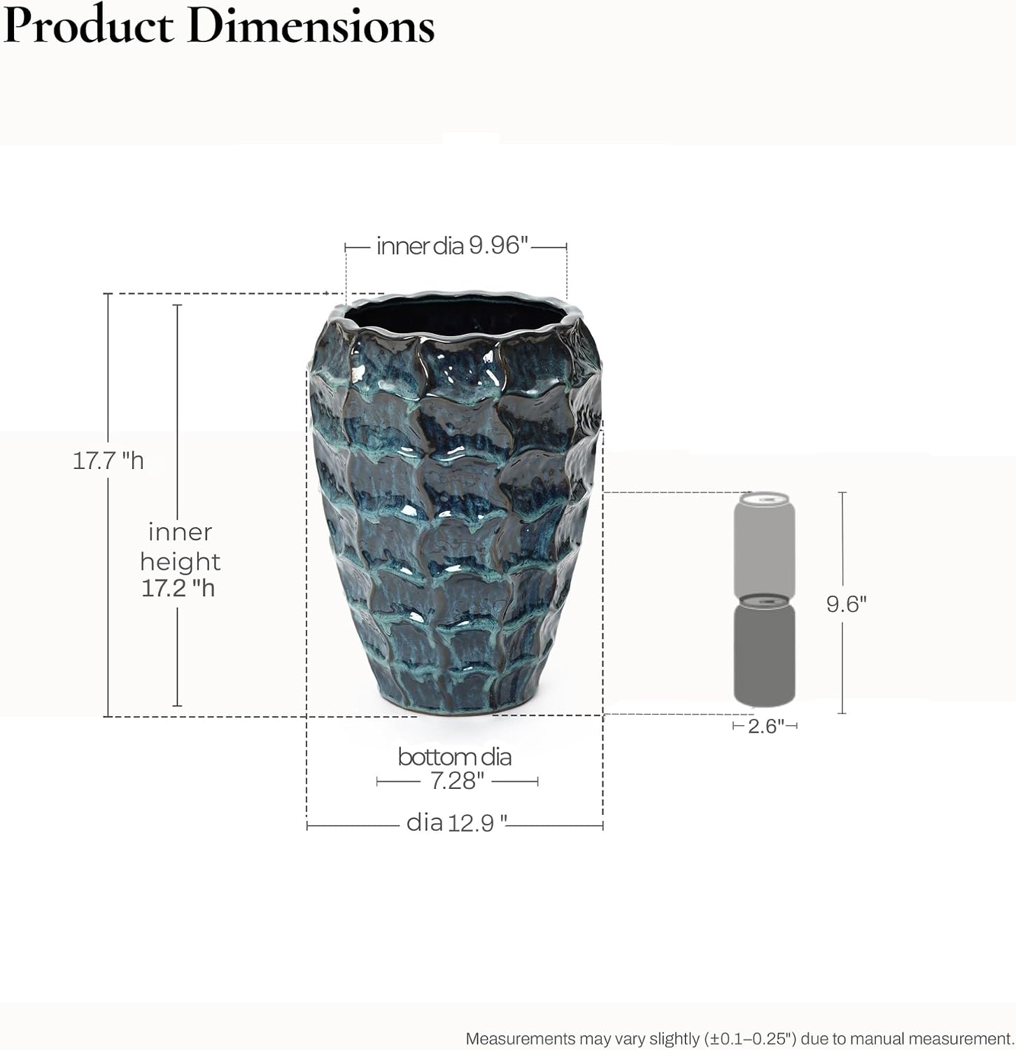 LuxenHome 17.7" Blue Ceramic Plant Pot, Tall Planter with Geometric Texture | Large Plant Pot, Flower Pots with