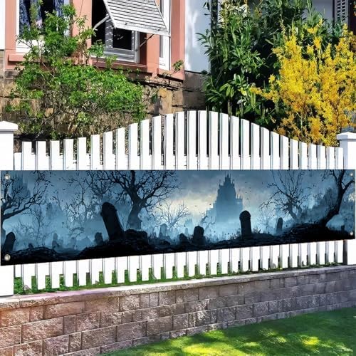 BlissYard Halloween Fence Banner Haunted Graveyard Decor 118 x 20 Inch