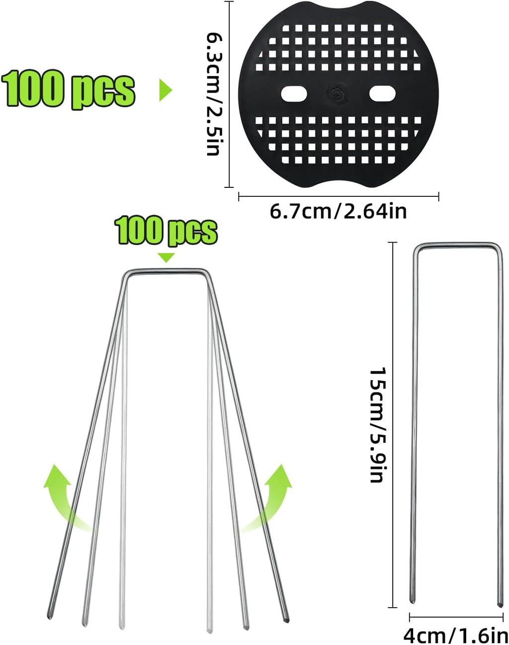 100 Pack 6 Inch Landscape Staples & 100pcs Fixing Gasket Sets, Garden Stakes Galvanized Steel Fabric Pins Heavy-Duty U