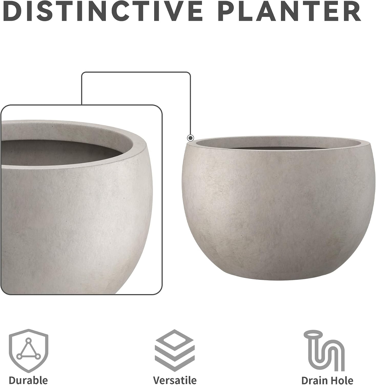 Kante Small Round Bowl Weathered Concrete Planter 11.8" Dia, Outdoor | Rubber Plug for Indoor, Drainage for Garden