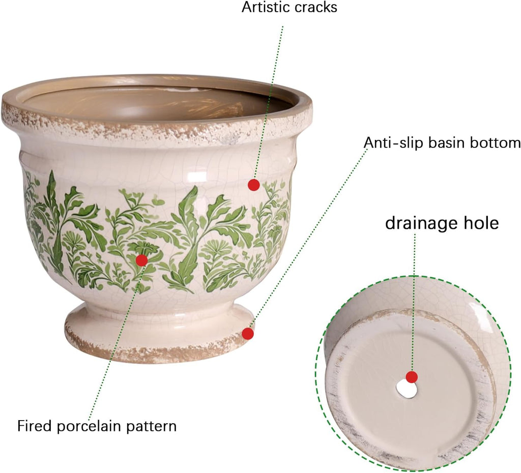 Vintage Ceramic Planter Pot with Drainage, 6.8 Inch Large Crackle Glaze Flower Pot with Green Floral Leaf Pattern for